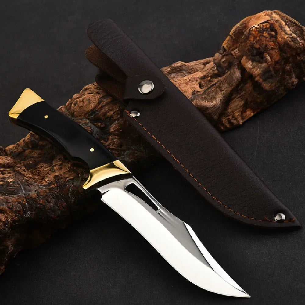 Cuchillo de Caza Hoja Fija con Funda de Cuero – Acero Inoxidable y Mango Ergonómico