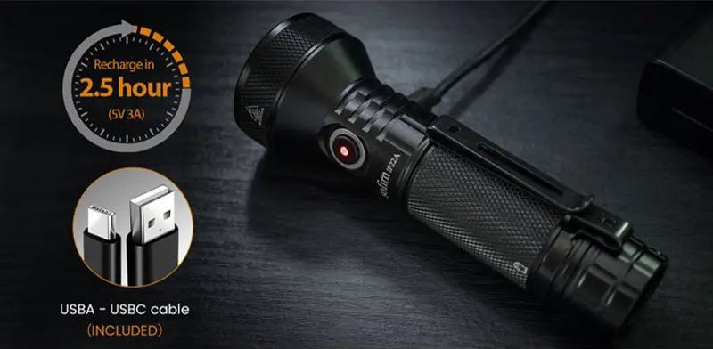 Linterna táctica – 2100 lúmenes +600 m de alcance y carga USB-C batería 5000 mAH