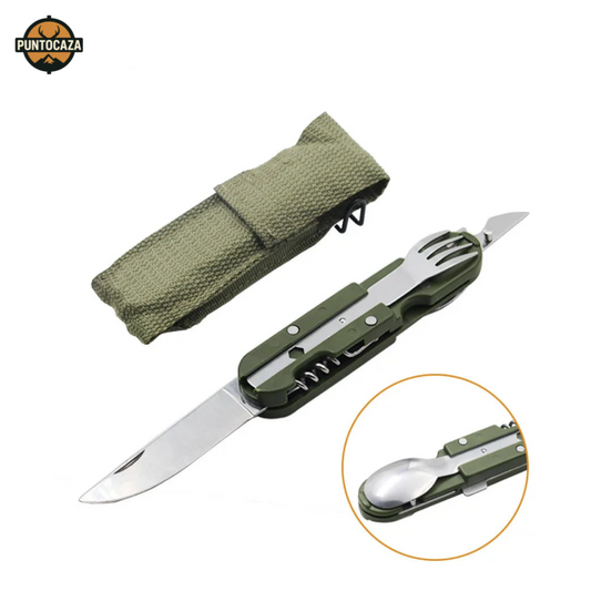 Navaja Multiusos de Acero Inoxidable – Con Cuchillo, Tenedor, Cuchara y Abridores