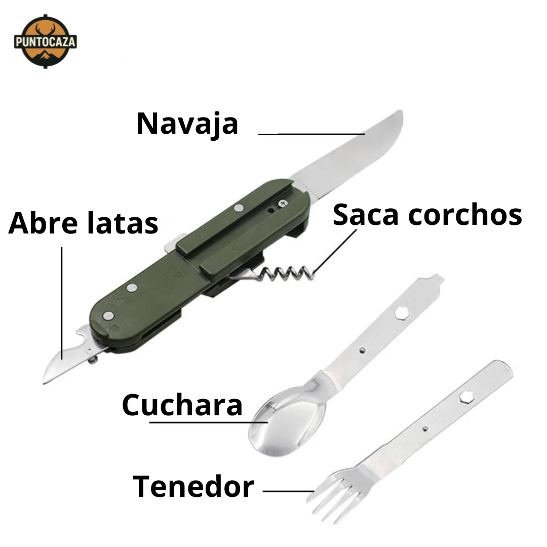 Navaja Multiusos de Acero Inoxidable – Con Cuchillo, Tenedor, Cuchara y Abridores