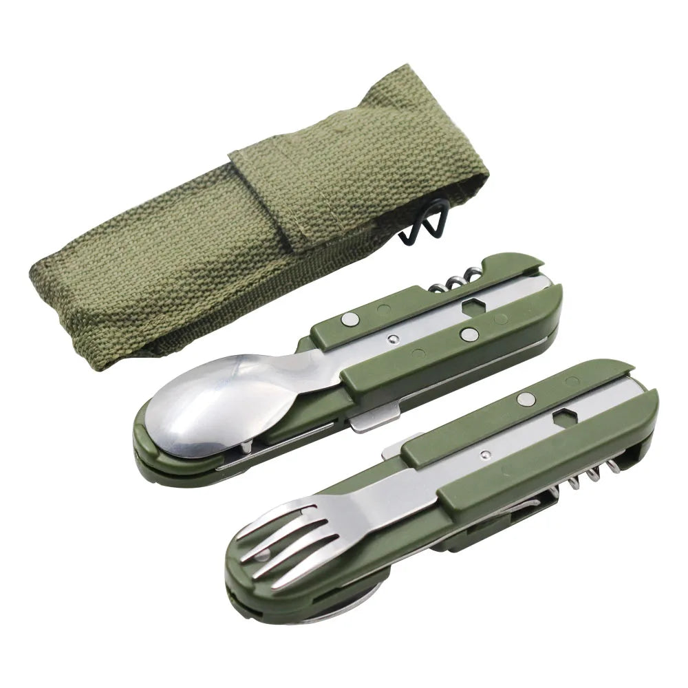 Navaja Multiusos de Acero Inoxidable – Con Cuchillo, Tenedor, Cuchara y Abridores