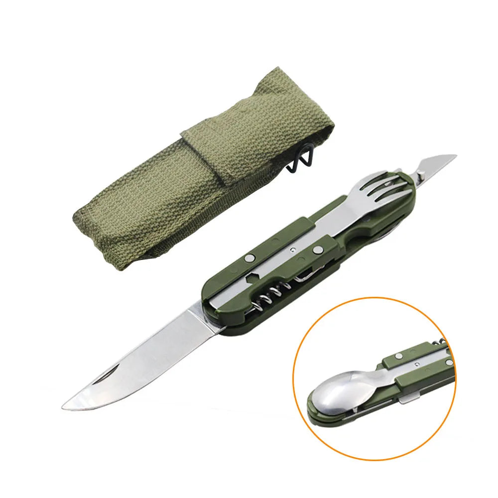 Navaja Multiusos de Acero Inoxidable – Con Cuchillo, Tenedor, Cuchara y Abridores