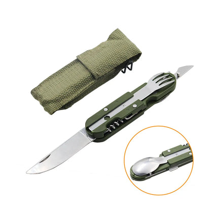 Navaja Multiusos de Acero Inoxidable – Con Cuchillo, Tenedor, Cuchara y Abridores