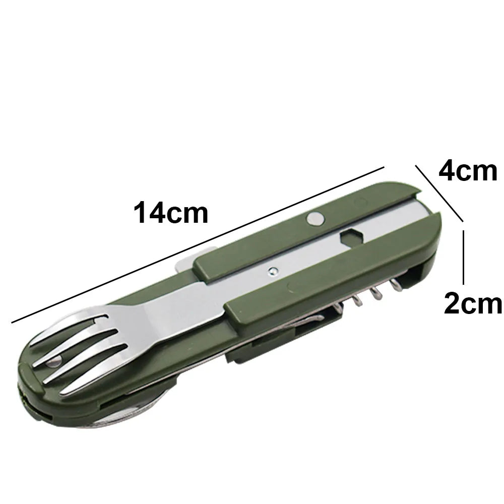 Navaja Multiusos de Acero Inoxidable – Con Cuchillo, Tenedor, Cuchara y Abridores
